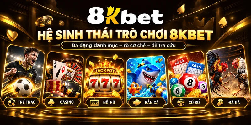 Hệ sinh thái trò chơi 8KBET gồm thể thao, casino, nổ hũ, bắn cá, xổ số và đá gà